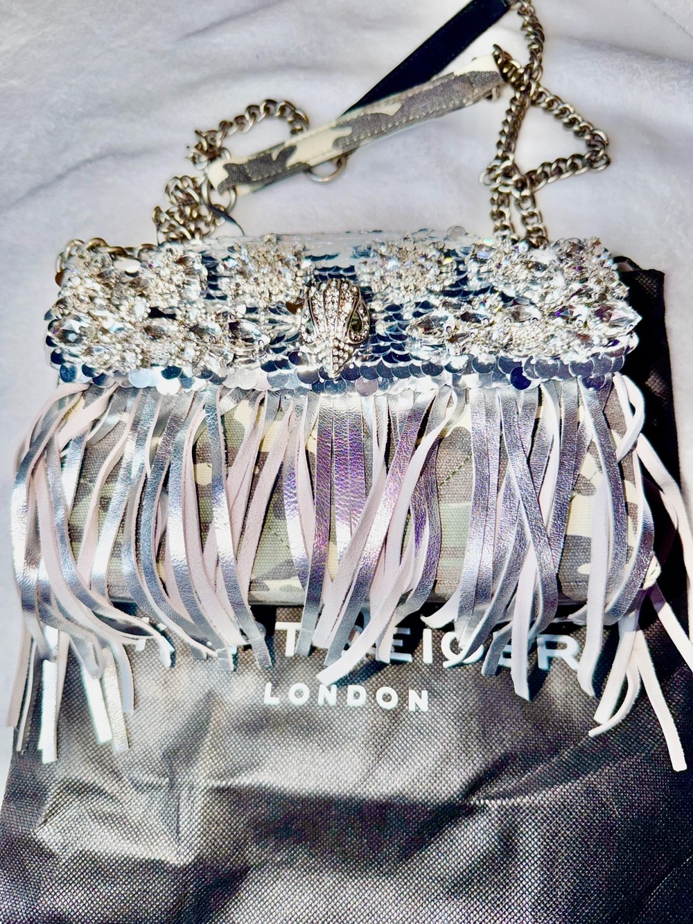 Kurt Geiger London Medium Kensington Fringe Bag Silver Combination NWT